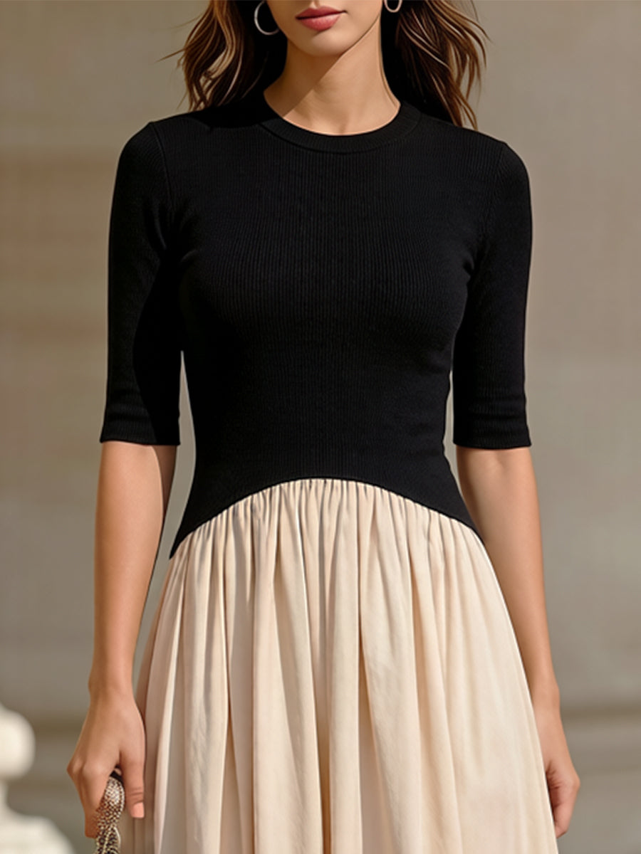 Black Ribbed Knit Top & Beige Pleated Skirt Two-Piece Midi Dress