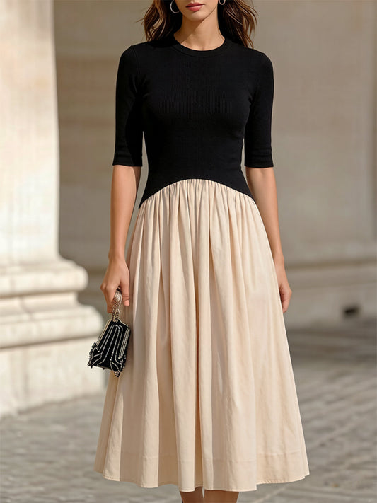 Black Ribbed Knit Top & Beige Pleated Skirt Two-Piece Midi Dress
