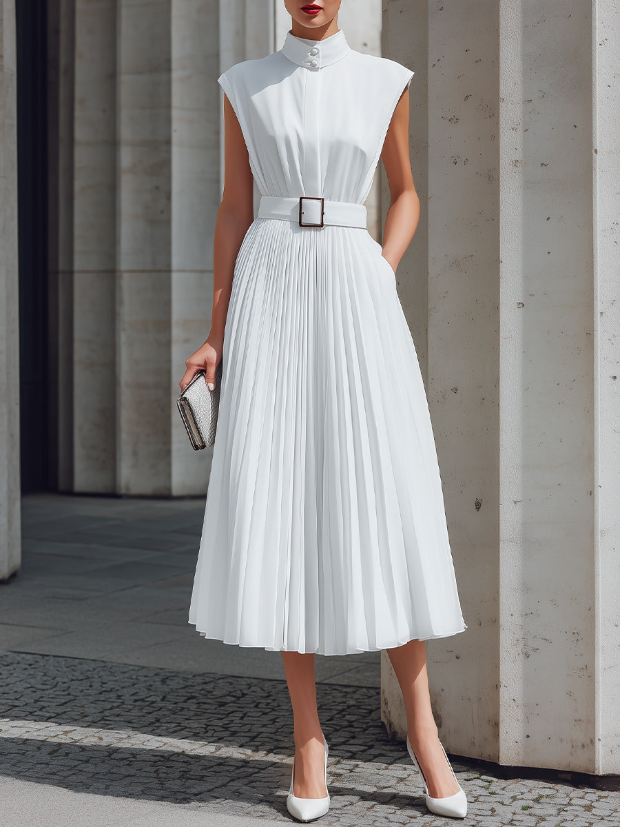 High Neck Pleated Belted Midi Dress