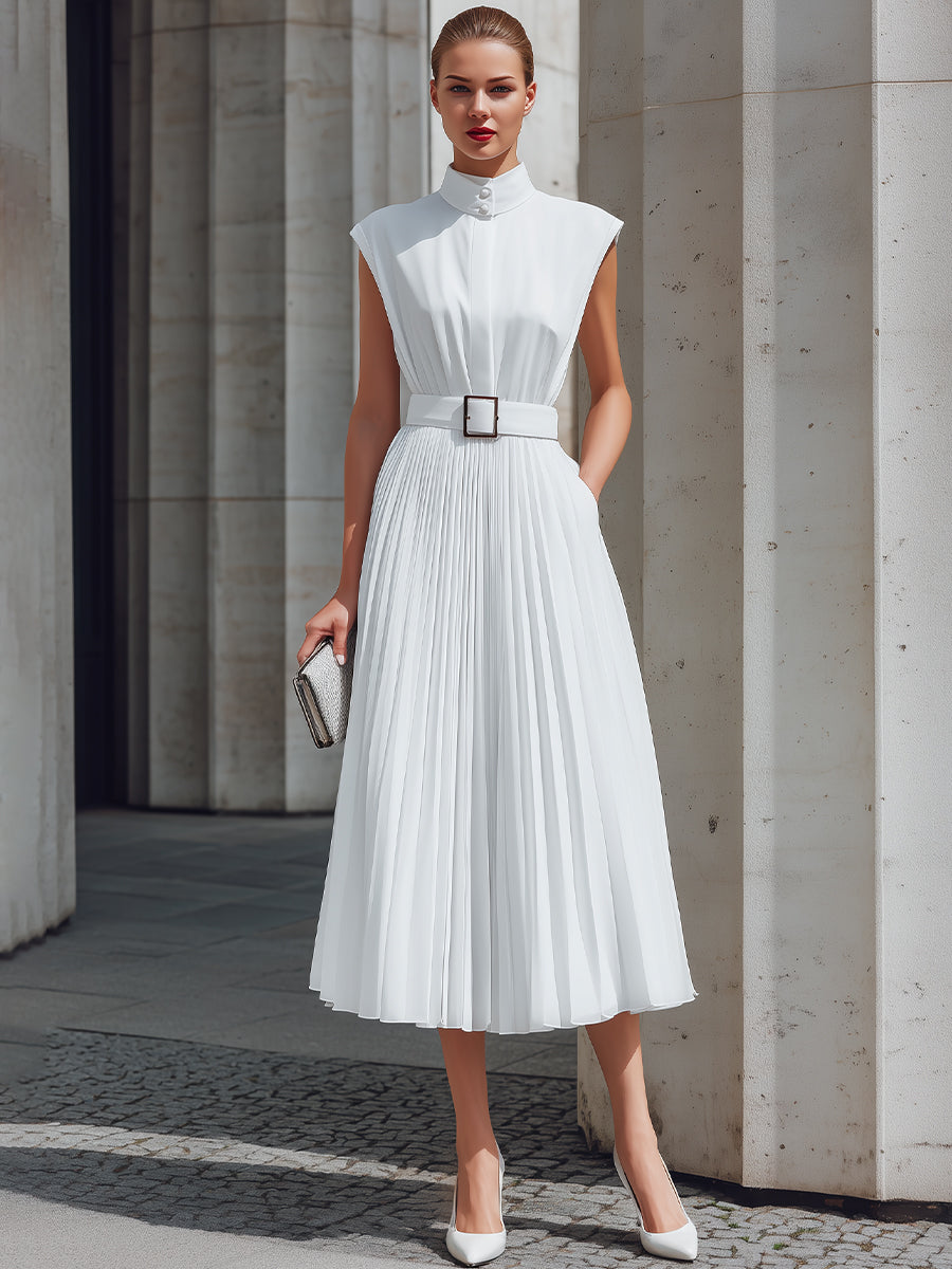 High Neck Pleated Belted Midi Dress