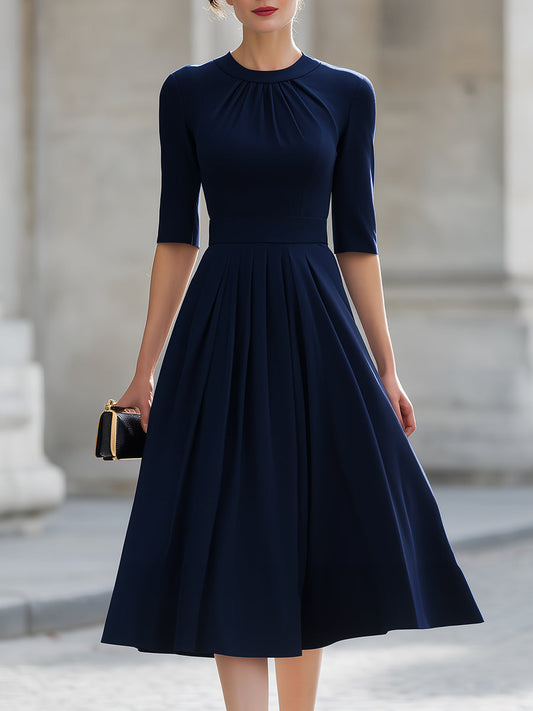 Navy Blue Pleated Round Neck Elbow-Sleeve Fit-and-Flare Midi Dress