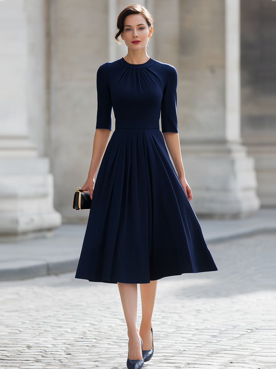 Navy Blue Pleated Round Neck Elbow-Sleeve Fit-and-Flare Midi Dress