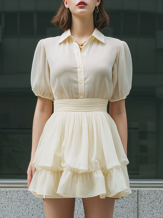 Button-Front Puff Sleeve Ruffle Hem Mini Dress