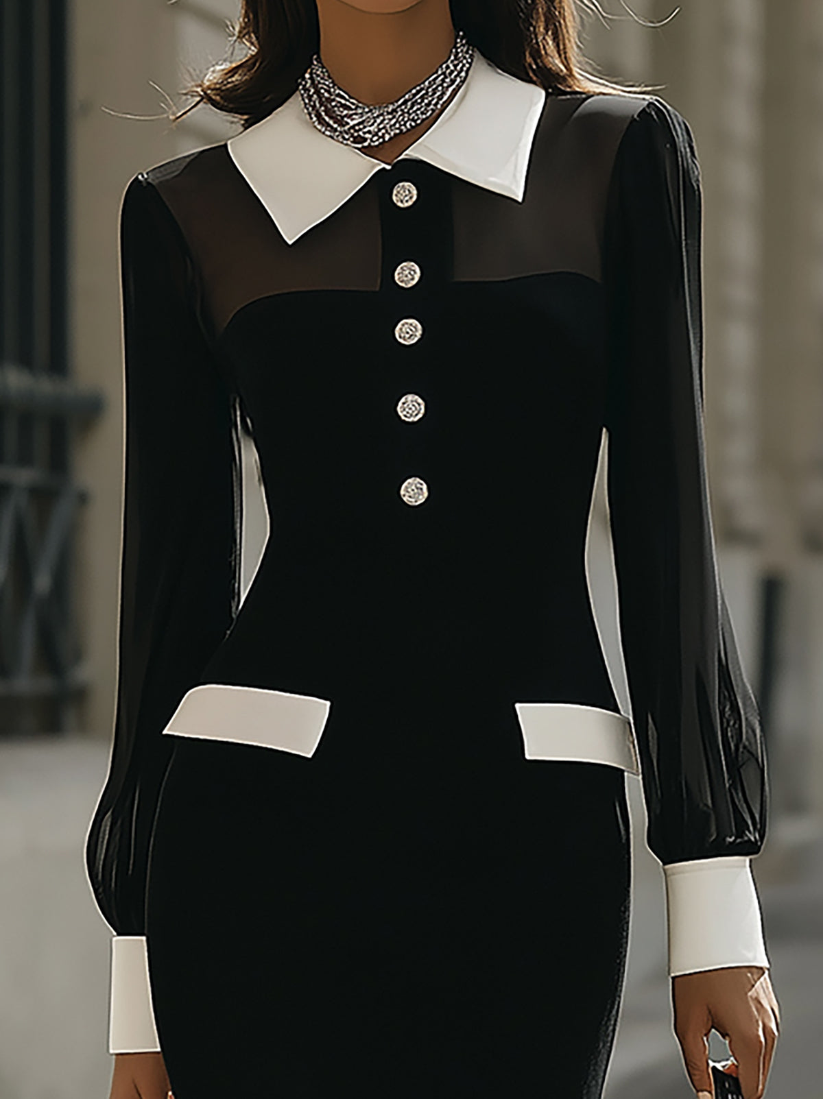 Black White Contrast Sheer Sleeve Midi Dress