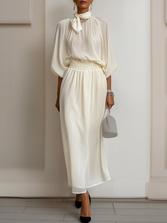 Cream White Chiffon Bow Neck Maxi Dress