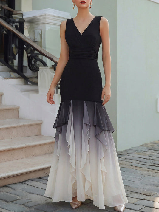 V-Neck Gradient Ruffle Hem Maxi Dress