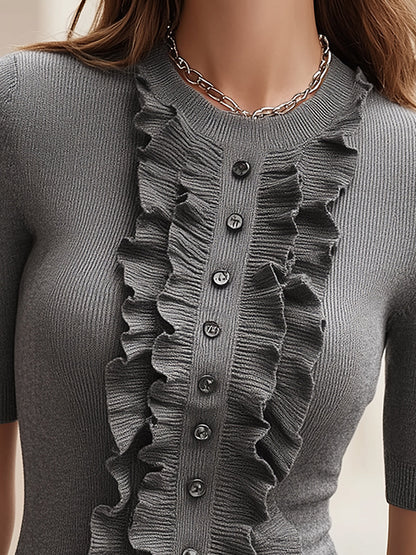 Grey Ruffle Trim Knit Top