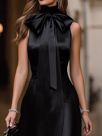 Elegant Black Satin Bow Neck Midi Dress