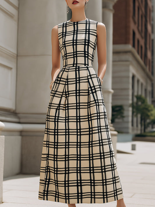 Sleeveless Checkered Pleated A-Line Maxi Dress