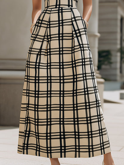 Sleeveless Checkered Pleated A-Line Maxi Dress