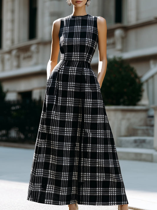Sleeveless Plaid A-Line Maxi Dress