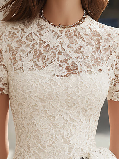 Cream White Lace Peplum Top Asymmetric Hem