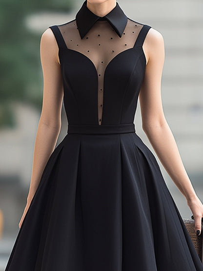 Sheer Panel High-Neck Pleated Midi Dress