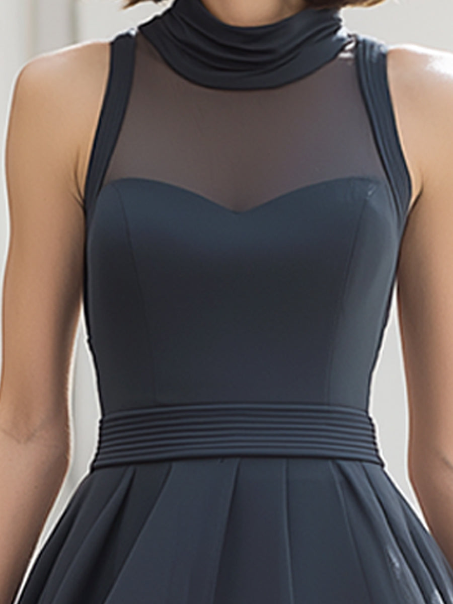 High-Neck Sheer Panel Tiered Ruffle Midi Dress