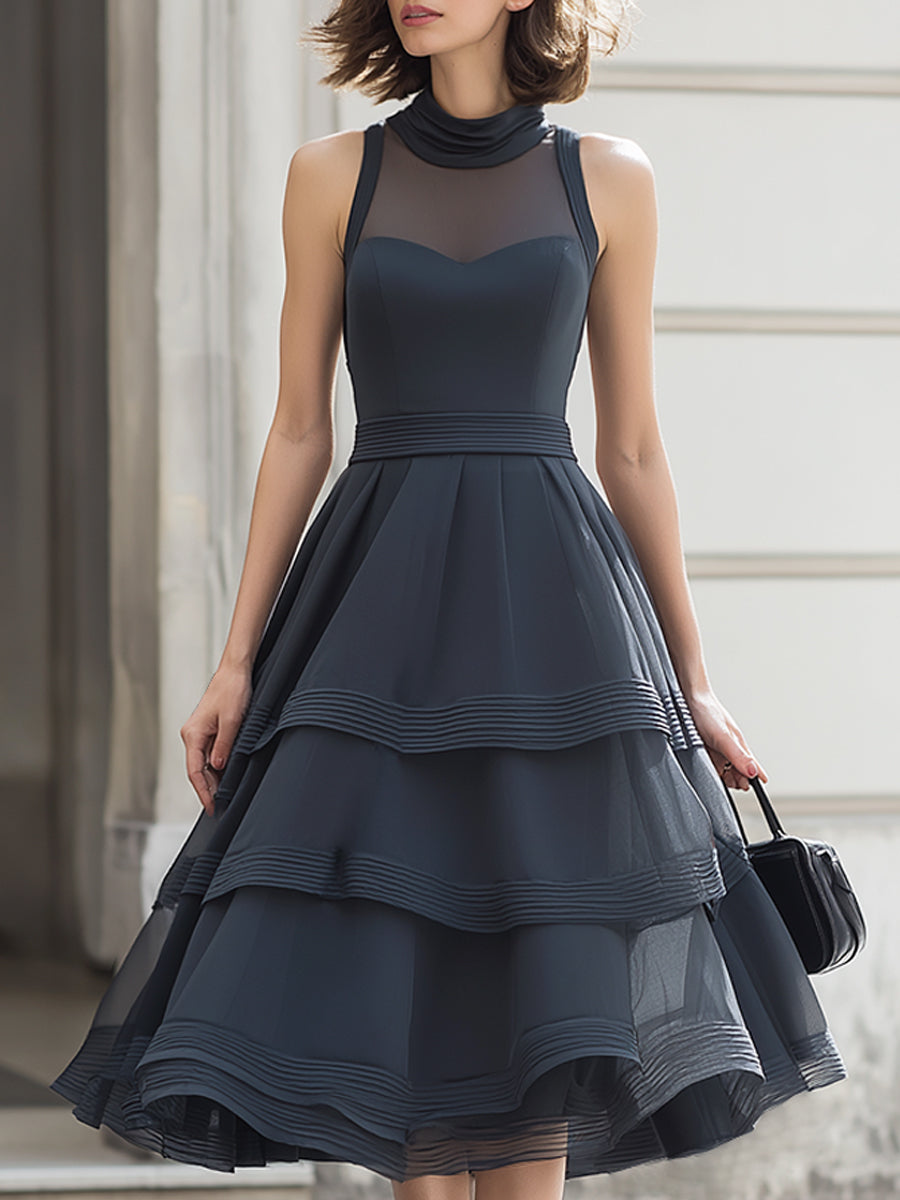 High-Neck Sheer Panel Tiered Ruffle Midi Dress