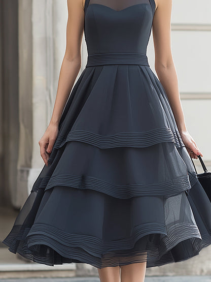 High-Neck Sheer Panel Tiered Ruffle Midi Dress