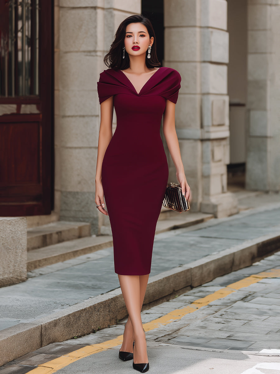Off-Shoulder Draped Neckline Bodycon Midi Dress