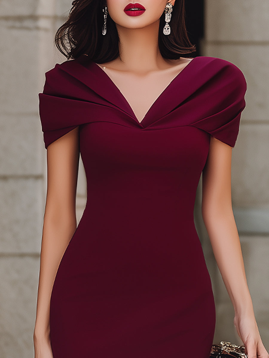 Off-Shoulder Draped Neckline Bodycon Midi Dress