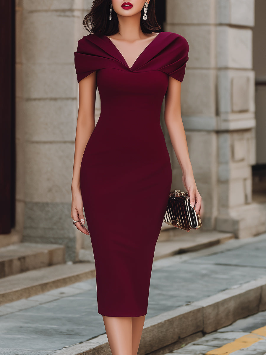 Off-Shoulder Draped Neckline Bodycon Midi Dress