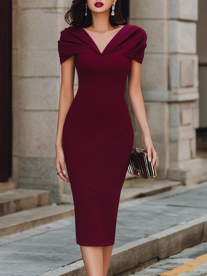 Off-Shoulder Draped Neckline Bodycon Midi Dress