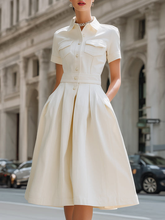 Collared Button-Front Pleated A-Line Midi Dress