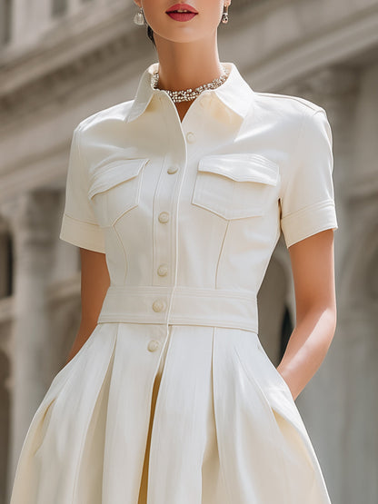 Collared Button-Front Pleated A-Line Midi Dress