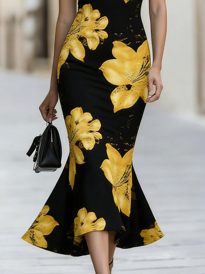 Sleeveless Yellow Lily Floral Mermaid Midi Dress