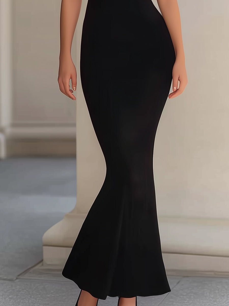 Sheer Yoke High-Neck Halter Sculpted Maxi Dress