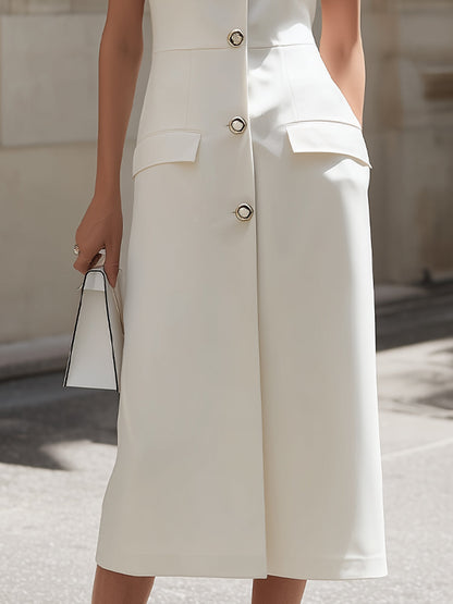 White Sleeveless Notched Collar Button-Front Utility Midi Dress