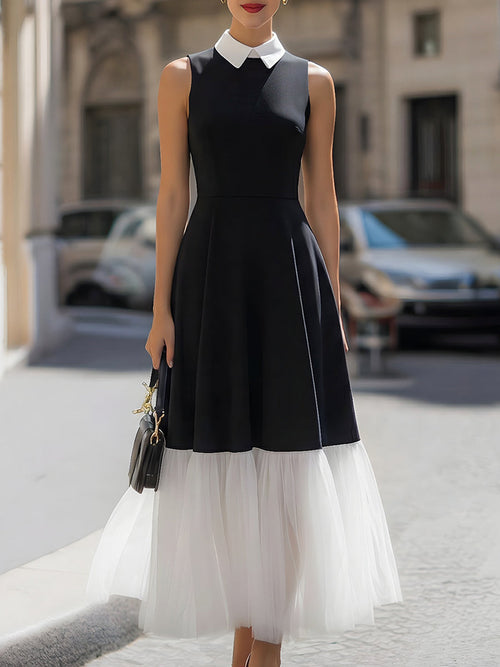 Sleeveless Contrast Collar Mesh Hem Midi Dress