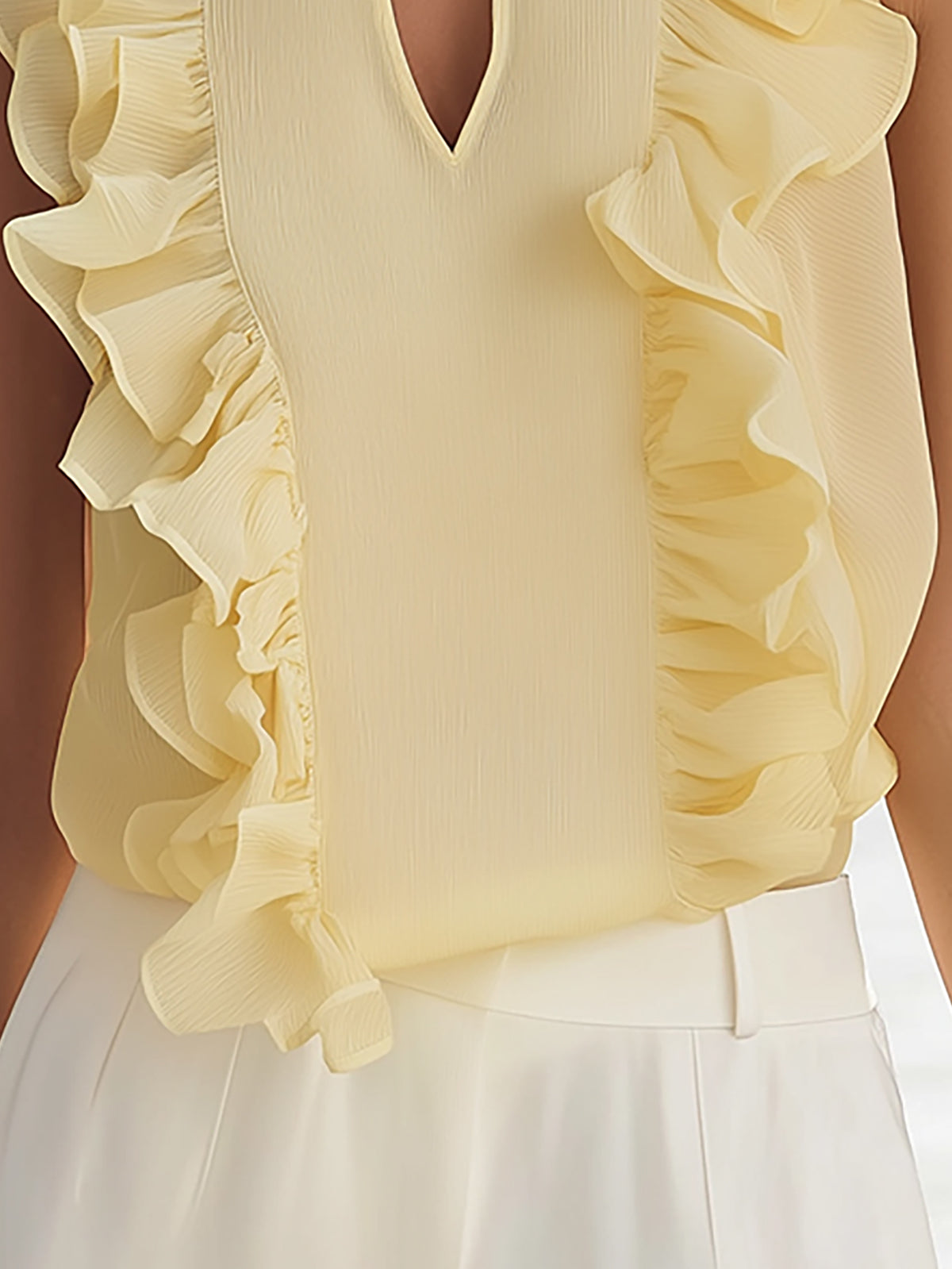 Cream Yellow Ruffle Trim Sleeveless Top