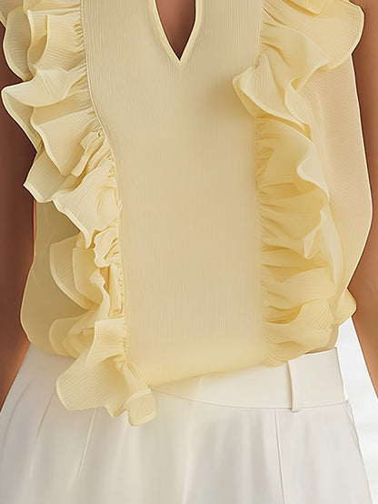 Cream Yellow Ruffle Trim Sleeveless Top
