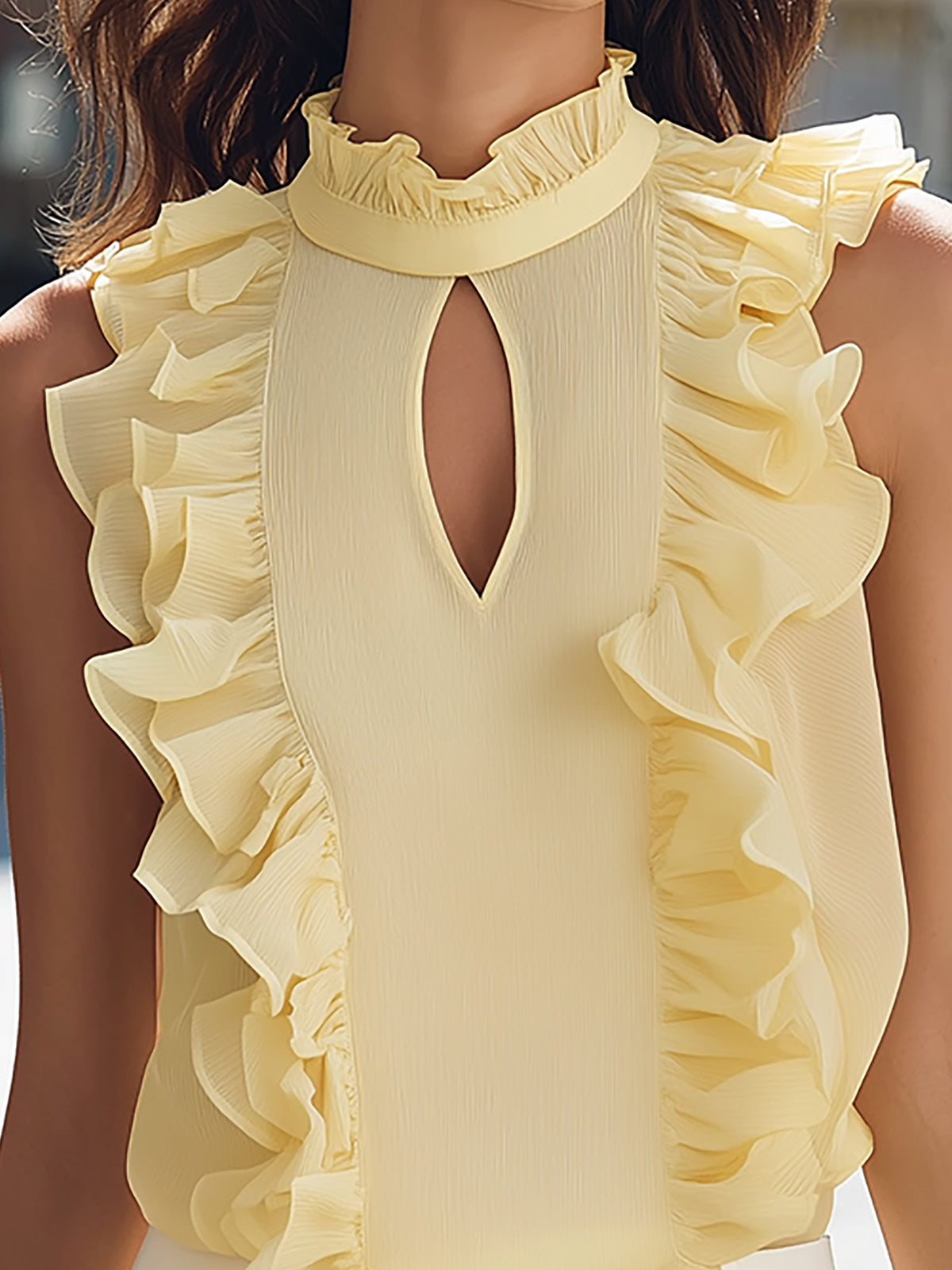 Cream Yellow Ruffle Trim Sleeveless Top