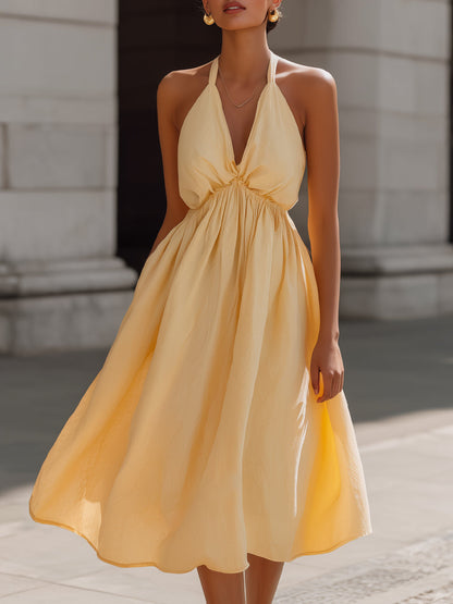 Halter Neck Gathered Waist Flowing Midi Dress