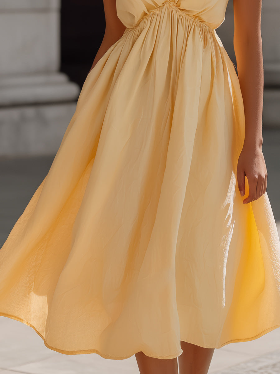 Halter Neck Gathered Waist Flowing Midi Dress