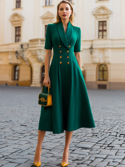 Emerald Green Double-Breasted Shawl Lapel Short Sleeve Flared Midi Dress