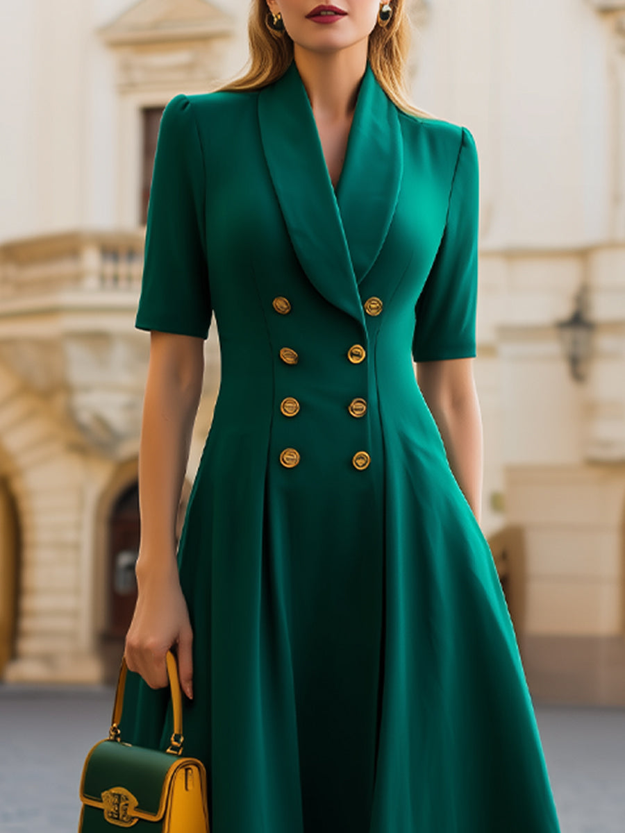 Emerald Green Double-Breasted Shawl Lapel Short Sleeve Flared Midi Dress