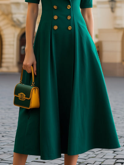 Emerald Green Double-Breasted Shawl Lapel Short Sleeve Flared Midi Dress