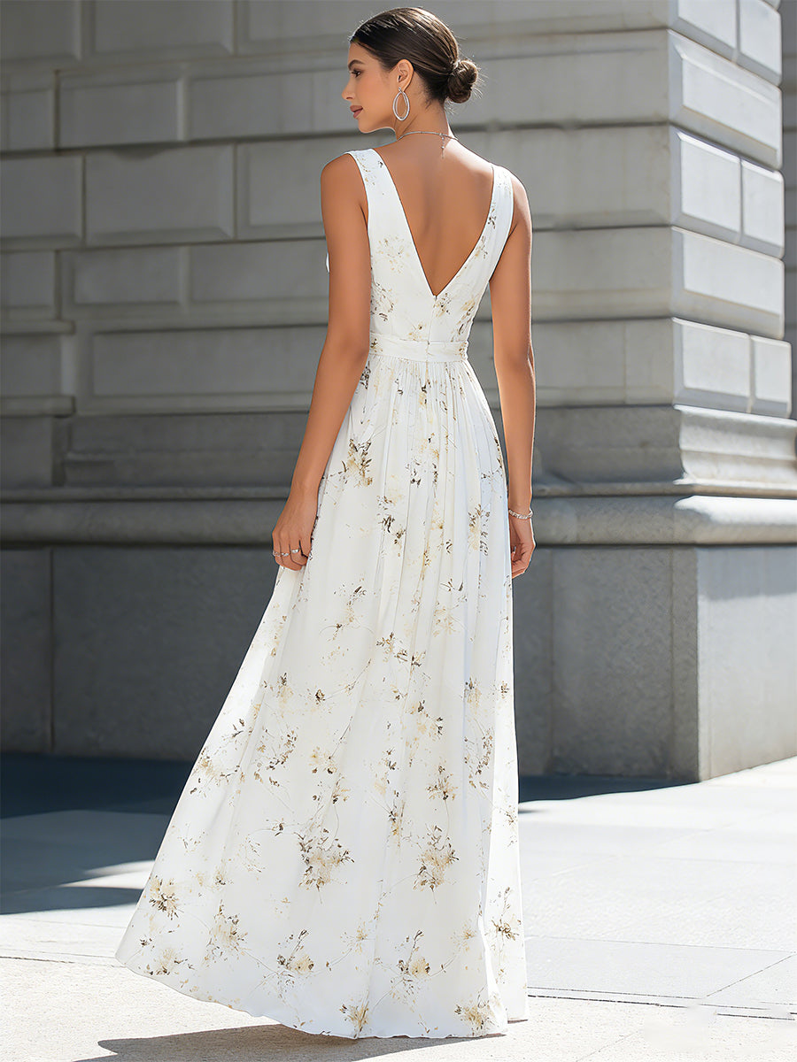 V-Neck Sleeveless Pleated Maxi Dress