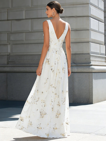 V-Neck Sleeveless Pleated Maxi Dress
