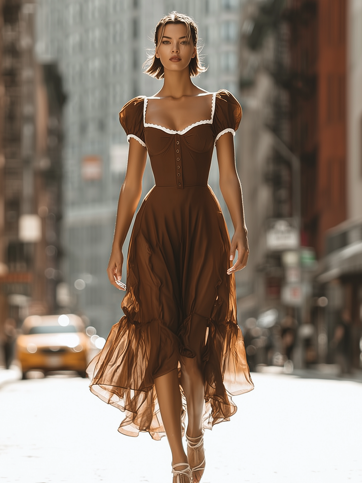 Vintage Sweetheart Neck Chiffon Midi Dress
