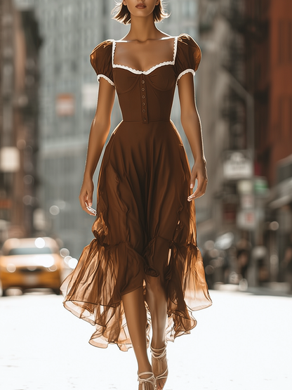Vintage Sweetheart Neck Chiffon Midi Dress