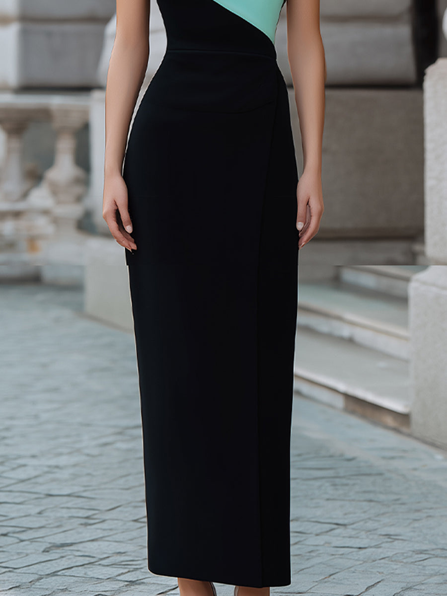 One-Shoulder Colorblock Slim Maxi Dress