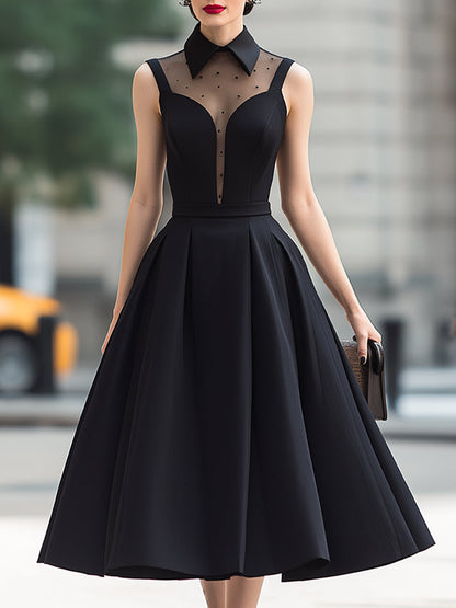 Sheer Panel High-Neck Pleated Midi Dress