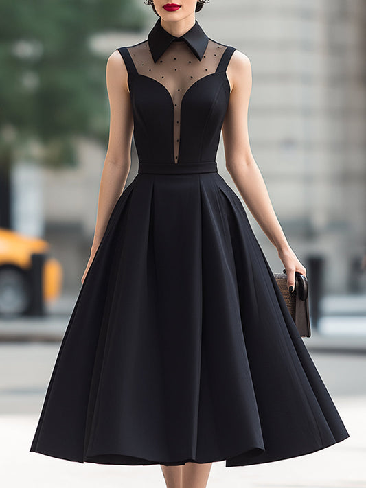 Sheer Panel High-Neck Pleated Midi Dress