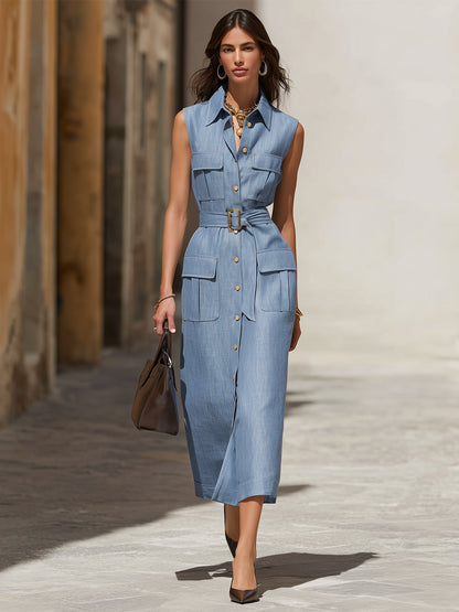 Elegant Light Blue Sleeveless Belted Midi Dress