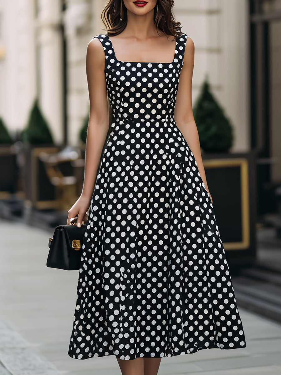 Black & White Polka Dot Square Neck Sleeveless Fit-and-Flare Midi Dress