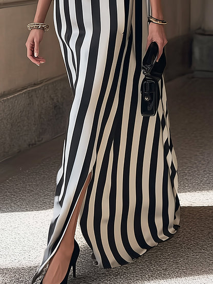 Stylish Black White Stripe Satin Maxi Dress