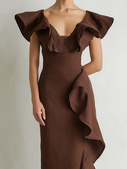 Brown Ruffled Shoulder Maxi Dress