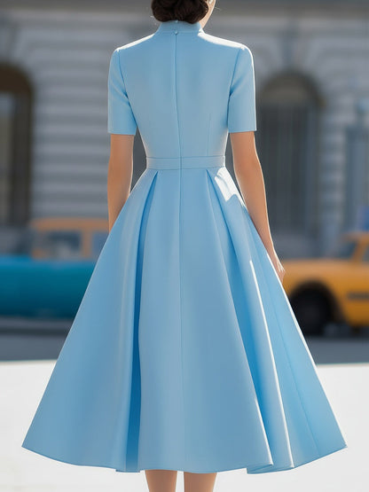 Sky Blue High Neck Short Sleeve Pleated Fit-and-Flare Midi Dress